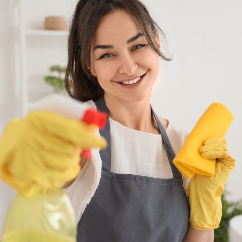 Personne souriante tenant des produits de nettoyage dans un environnement intérieur lumineux lié à l’entretien ménager  à Sainte-Sophie